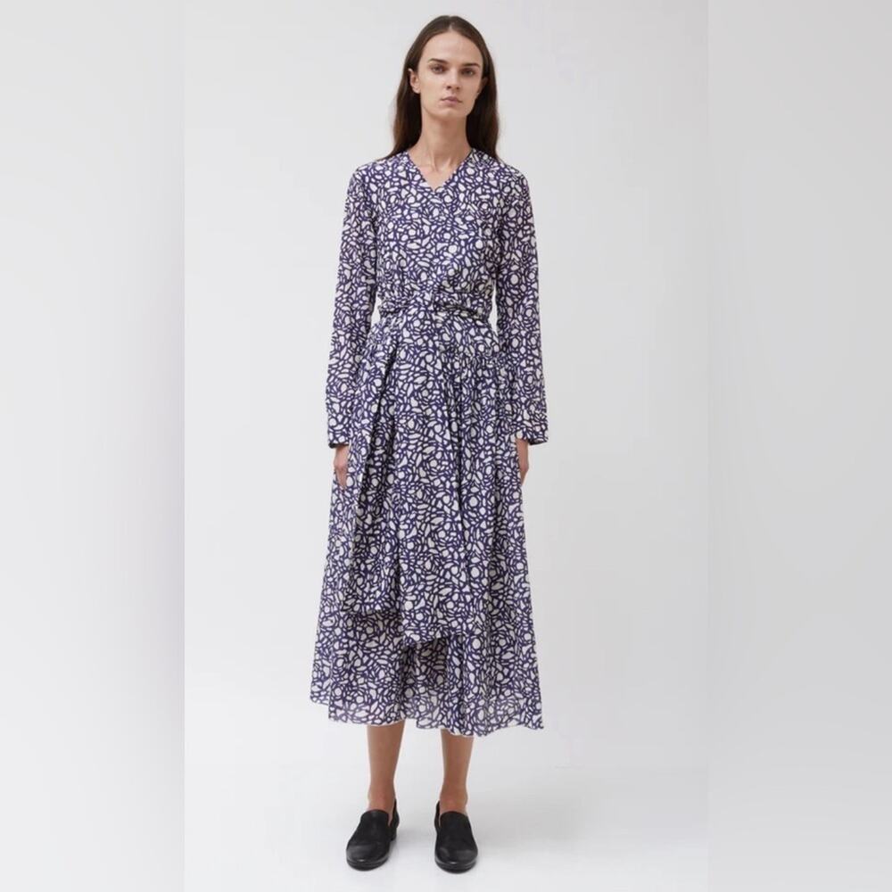 Sara Lanzi Muslin Wool Silk Blend Abstract Print belted Full Midi Wrap Dress S